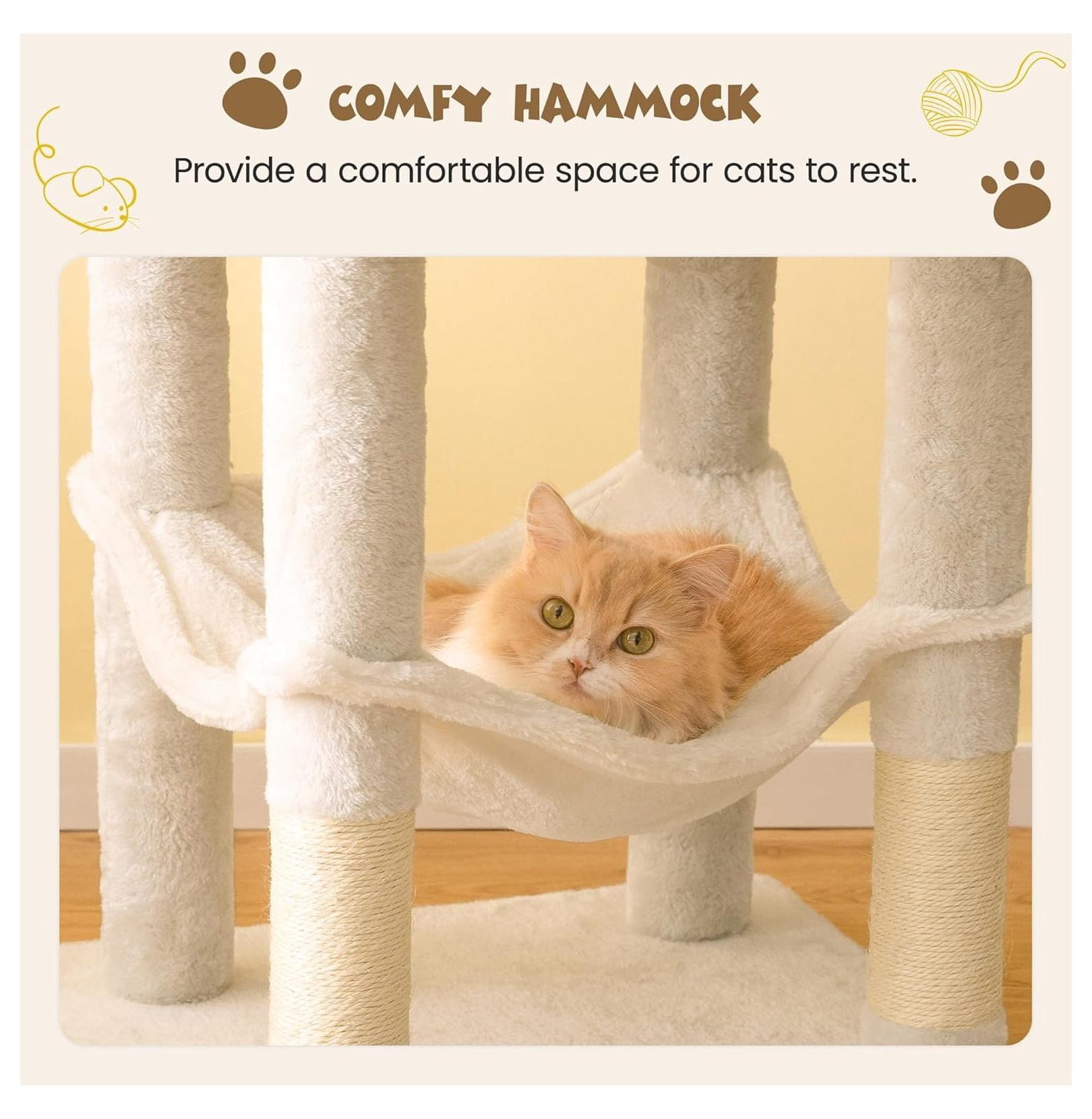 Cat Tree 63.8 inches, Multi-Level Tower for Large Cats, Sisal Scratching Posts, Hammock & Condo, Stable Pet Play House - Beige