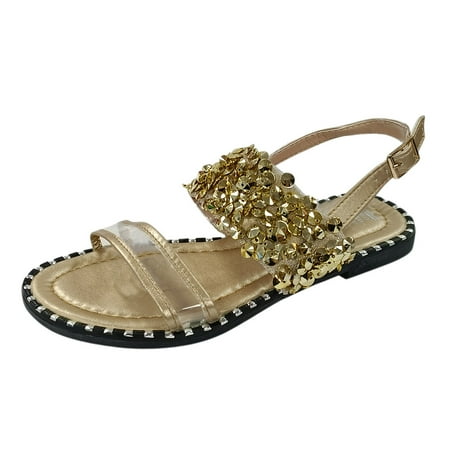 

Alueeu ladies shoes casual Women Summer Fashion Crystal Sandals Flat Retro Buckle Sandals Gold 38