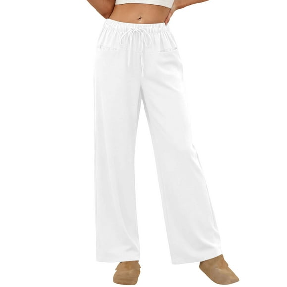 Amzcrzy Pantalones Mujer A Rayas Informales Cintura Alta Cordón Elástico Tipo Bóxer Cómodos Holgados Anchos Con Bolsillos Tallas S-2XL Blanco