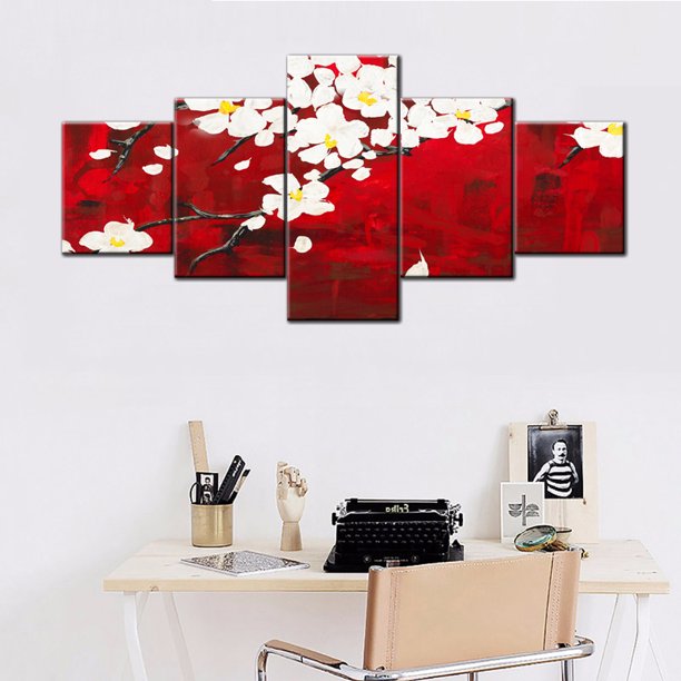 TISHIRON 5PCS Framed Canvas Wall Art Set,50"x24"White Plum Flower