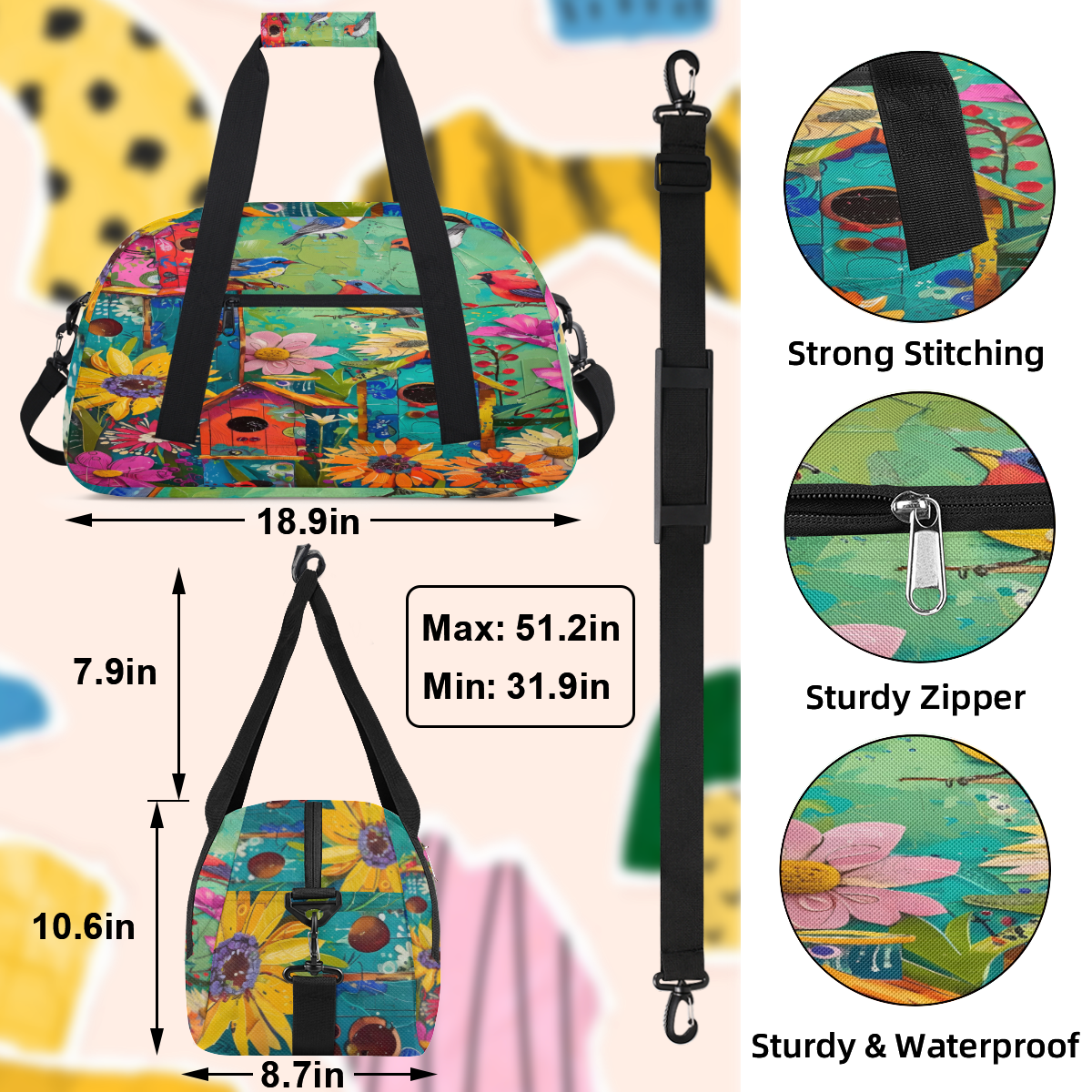 Herdesigns Sports Duffle Bags Travel Duffle Bag Gym Bag Colorful Birdhouses Garden Birds Weekender Travel Bag Waterproof Overnight Bag Carry On Travel Tote Bag Dance Bags