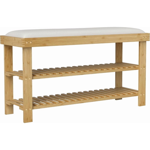 Small Bamboo Shoe Bench 3-Tier Storage 35.4" x 11.4" x 19.3" Natural | Entryway Bench with Cushion, Shoe Organizer, for Entryway Hallway, Holds Up to 331 lbs