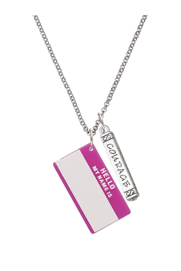 Acrylic Pink "Hello" Name Tag Silvertone Courage Strength Wisdom Honesty Bar Charm Necklace, 23"