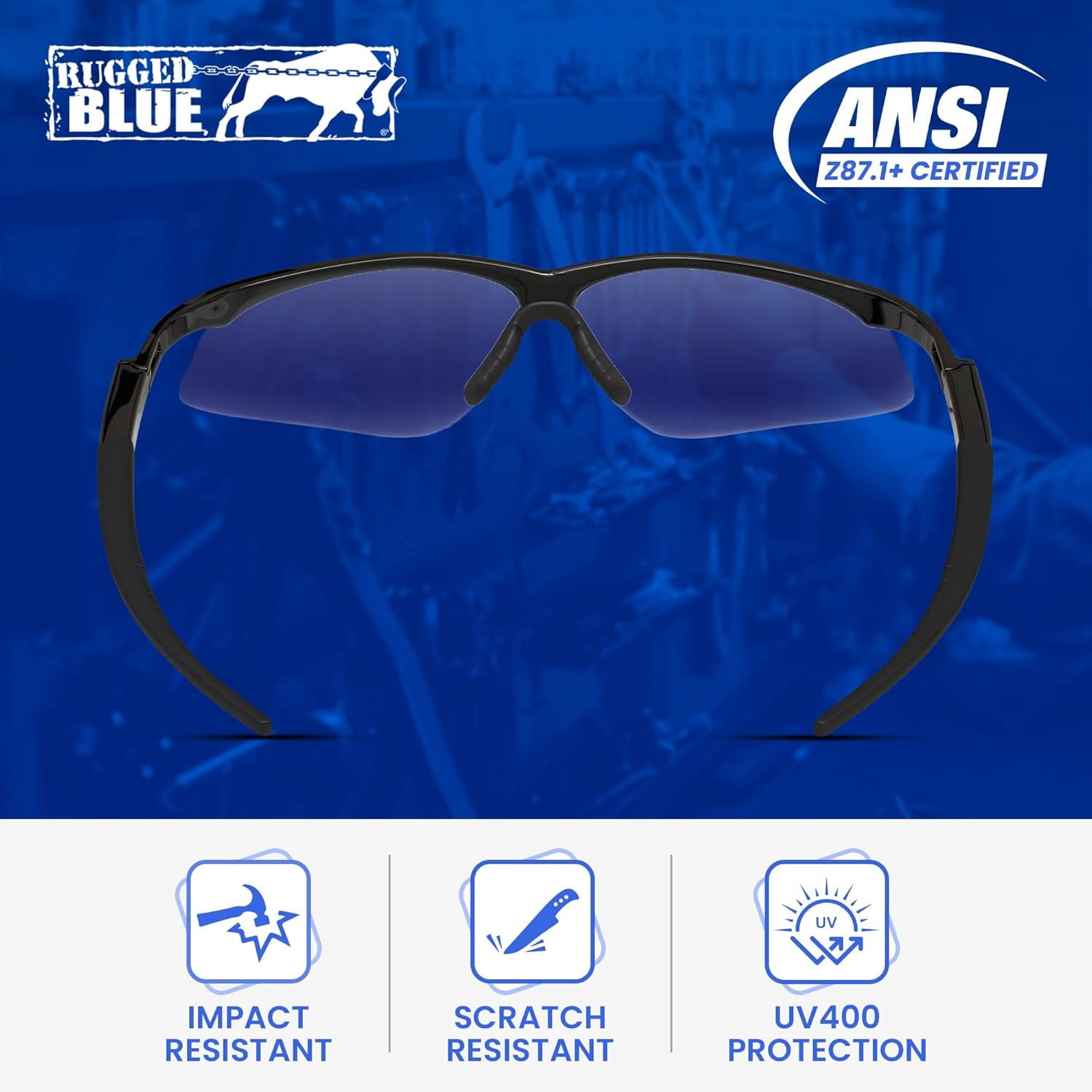 RUGGED BLUE Mojave Blue Mirror Safety Glasses for Men/Women | ANSI Certified Eye Protection Glasses and Protective Eyewear | Anti-Scratch Coating and Wrap Around One-Piece Design Work Glasses -12 Pac
