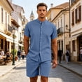 thumbnail image 2 of LTTVQM Men Relax Fit Soft Plain Cotton Linen Stand Neck Button Tee Stretch Drawstring Short Pant Summer Indoor Outdoor Lounge Outfit Set Sky Blue M, 2 of 6