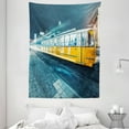 thumbnail image 1 of Yellow and Blue Tapestry, Old Tram in the City Center Vintage Urban Train Station European Town Image, Wall Hanging for Bedroom Living Room Dorm Decor, 60W X 80L Inches, Slate Blue, by Ambesonne, 1 of 2