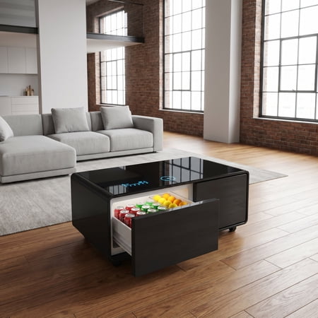 Modern Smart Coffee Table with Built-in Fridge, Bluetooth Speaker, Wireless Charging, USB Ports & RGB Light, Dual-Zone Refrigerated Drawers for Living Room