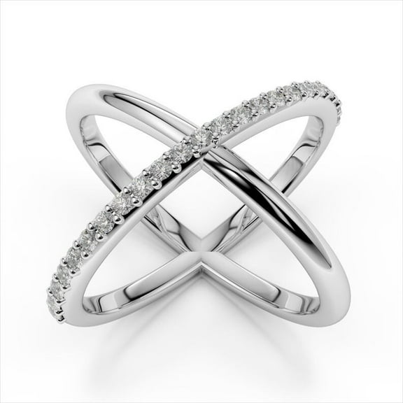 Criss Cross Diamond Ring, Pave Set Diamond Engagement Wedding Ring, Split Shank Diamond Ring, Half Eternity Anniversary Band, 14K White Gold Plated, 1.5 Ct Simulated Diamond