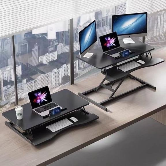 Adjustable Standing Desk Converter, Height Adjustable Desk Riser, Manual Pneumatic Spring Laptop Workstation with Keyboard Tray, Fits Two Monitor Screens for Home, School (Black)