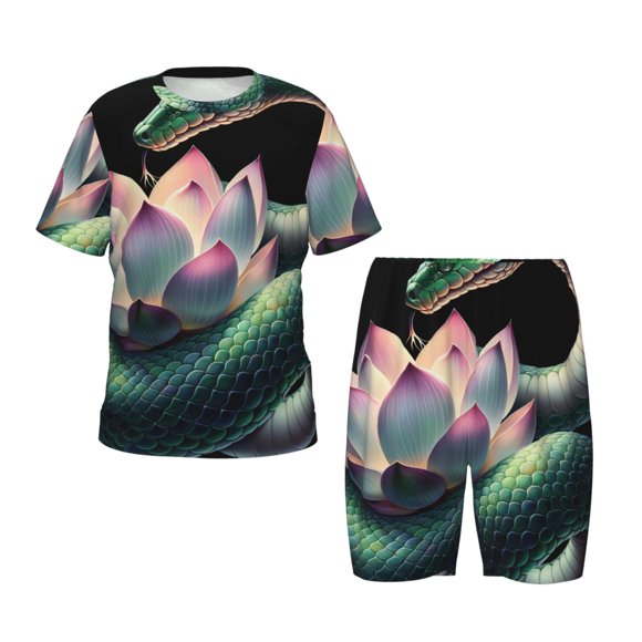 Balery Snake Holding A Lotus Conjunto de Pijama Infantil de Manga Corta con Estampado – Ropa de Dormir de Algodón Suave-Large