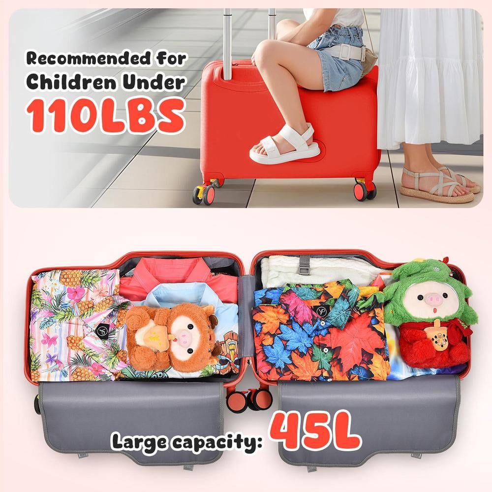 Kids Ride on Suitcase 20 Inch, Childrens Travel Carrier Cabin Case with Foot Pedal Spinner Wheels and Safe Harness Stroller for Boy Girl Travel(Red)