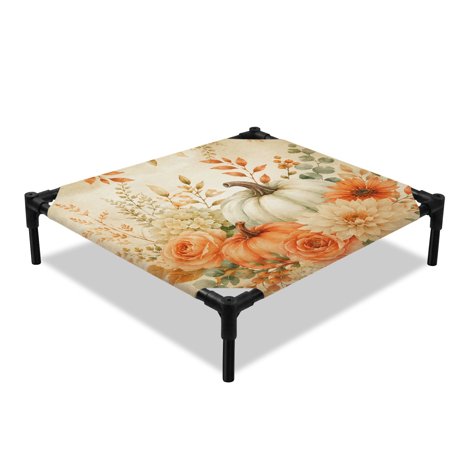 Thanksgiving Fall Elevated Dog Bed Rustic Vintage Beige Pumpkin Flower Shabby Chic Cooling Breathable Outdoor Raised Dog Cot Bed with Metal Frame Non-Slip Feet for Small Dog 20x20in
