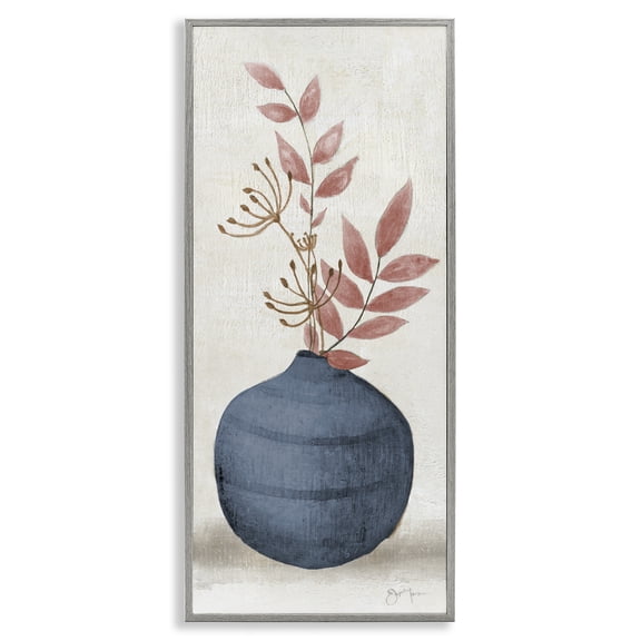 Stupell Industries Contemporary Botanical Leaf Sprigs Blue Vase Gray Framed Giclee Art, 13 x 30, by Janet Tava