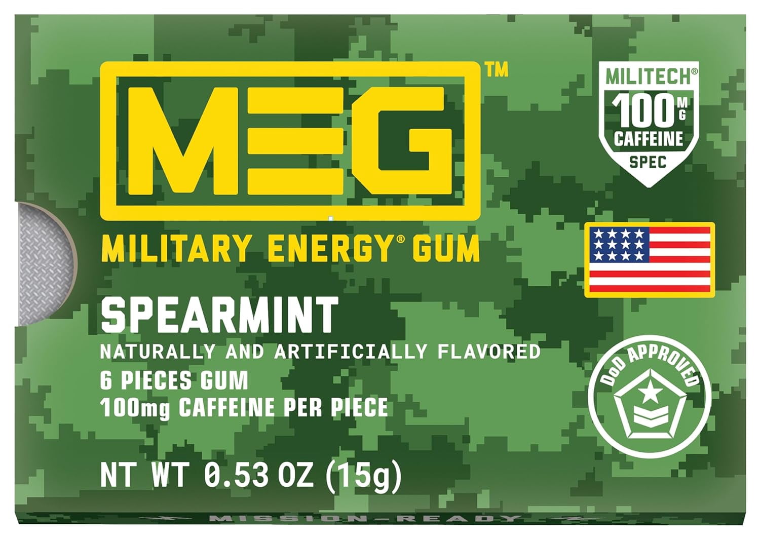 MEG (Military Energy Gum) - Spearmint | Energy Caffeine Gum | 100mg Caffeine Per Piece |Fast-Acting Performance Boost - 12 Packs