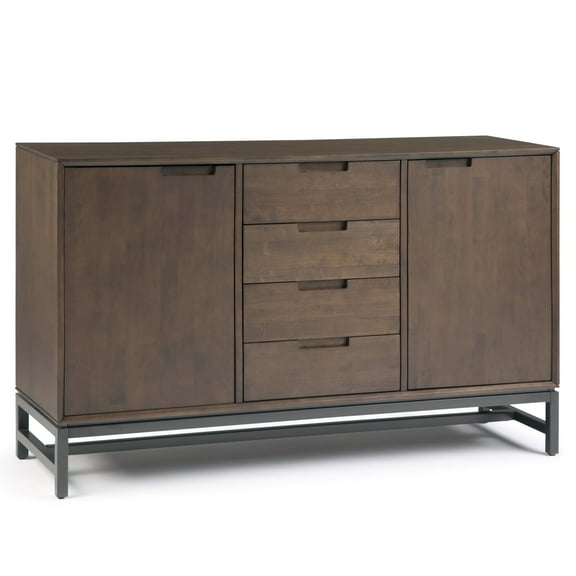 Simpli Home Banting SOLID HARDWOOD and Metal 60 inch x 18 inch Rectangle Industrial Sideboard with Centre Drawers in Walnut Brown