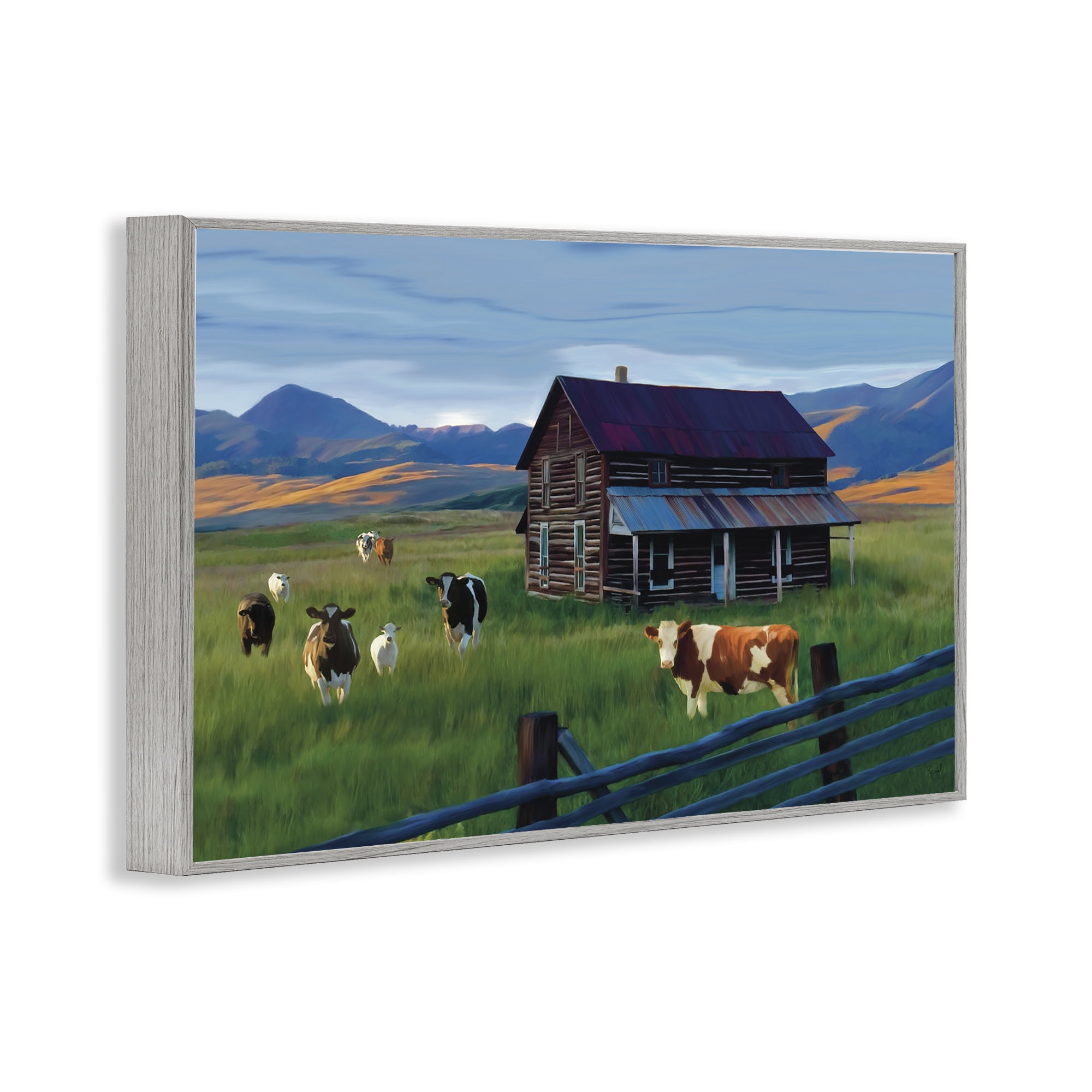 Stupell Industries Grazing Cattle at Solitary Cabin Gray Framed Giclee Art, design by Renel Peters