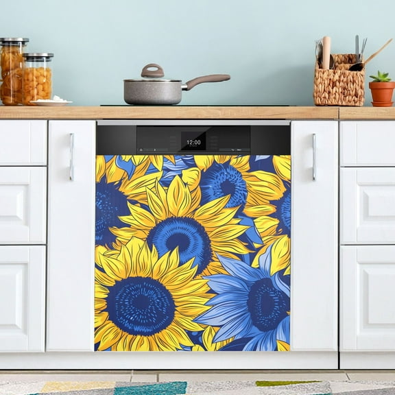 Blue Yellow Sunflowers Dishwasher Magnet Cover Magnetic Fridge Door Cover Home Kitchen Decor 23"x 26"