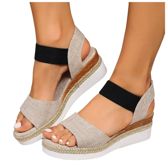 Rokment Women's Beach Platform Wedge Dressy Sandals Comfortable Breathable Color Block Linen Elastic Ankle Strap Espadrilles Walking Sandals Casual Chunky High Heel Dress Summer Shoes Beige Size 6.5