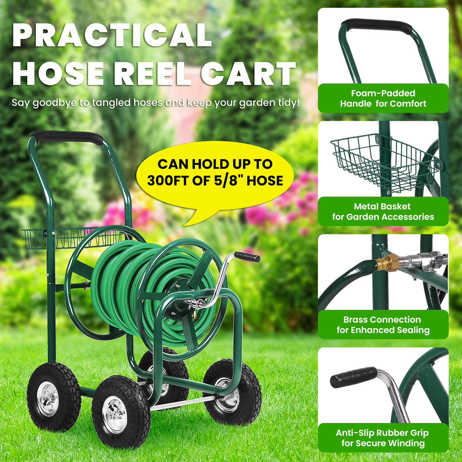 BIQWBIC 300ft Heavy Duty Hose Reel Cart - Steel Garden Water Hose Storage Cart with 8" Wheels, Foam Grip Handle, Outdoor Yard Hose Reel for Lawn & Garden (Green)