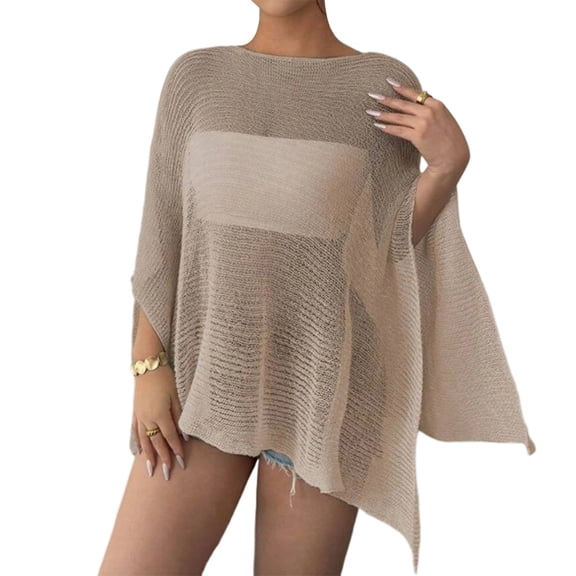 Women'S See Through Knit Poncho Shawl Sleeve Split Asymmetrical Shrug Cover Up S