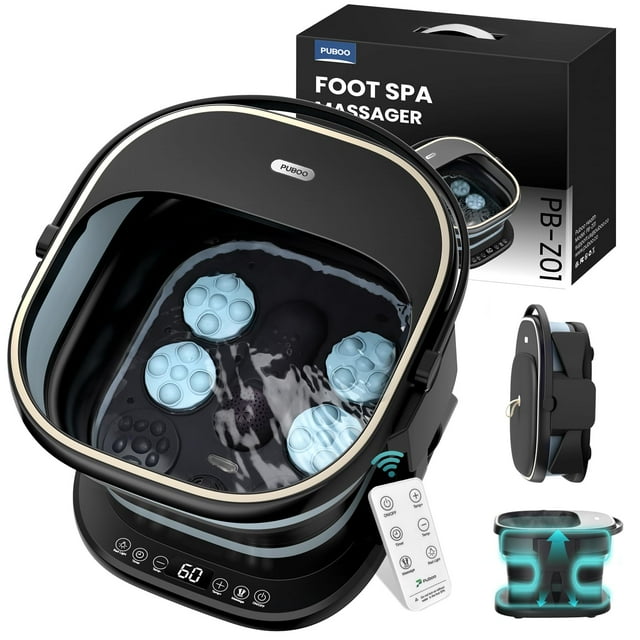 Puboo Masajeador de baño plegable para pies con bañera de calor para pies, pedicura, spa para pies, varillas de soporte, luz roja, 16 bolas de masaje motorizadas, control remoto inalámbrico, caja de r