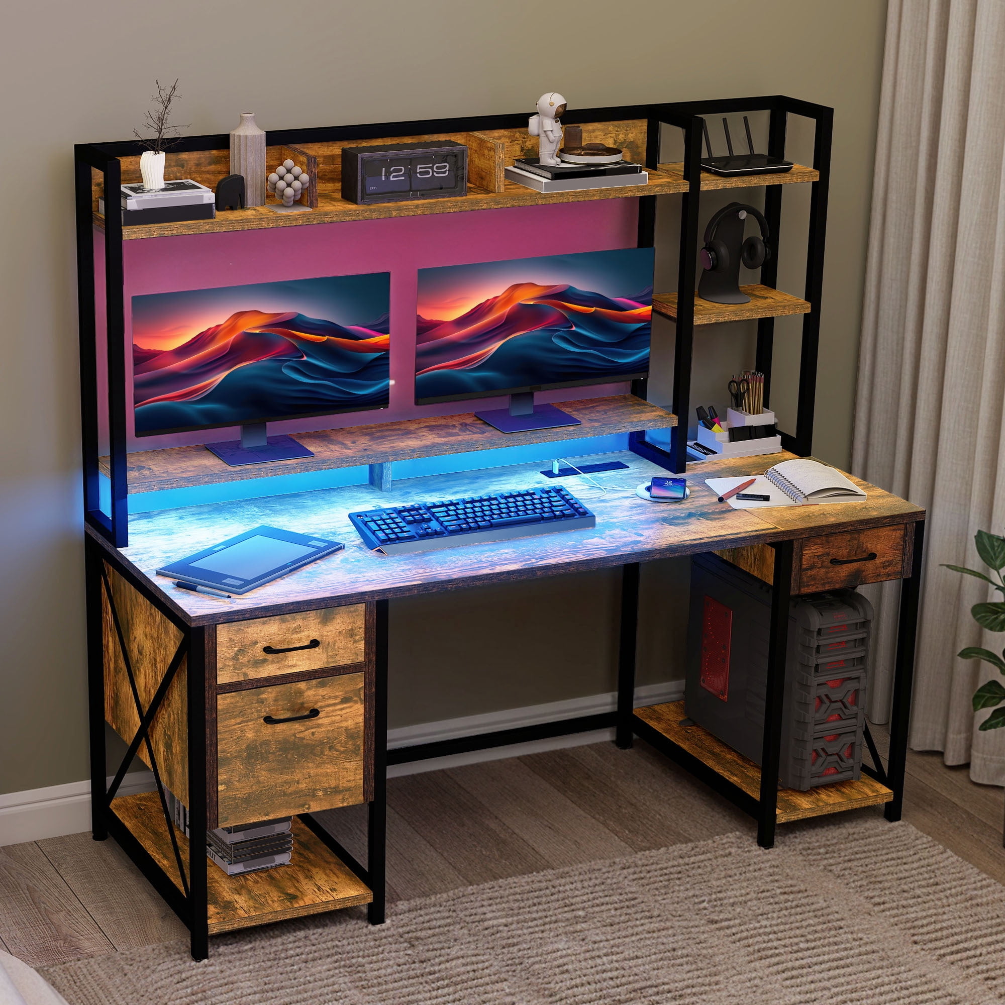 Uforic 59.1 Inch Rustic Brown Computer Desk with Hutch & Drawers with RGB LED Light Strip Multi-Shelf Storage with Sturdy Metal Frame, Brown