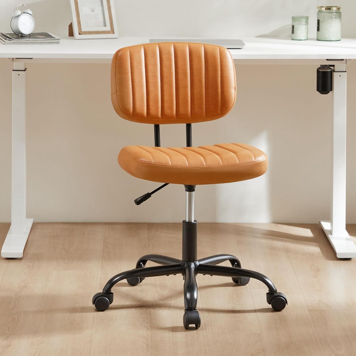 Armless Office Desk Chair with Wheels, Adjustable Height 360° Rolling Swivel Lumbar Support Low-Back Computer Chair, PU Leather, Brown