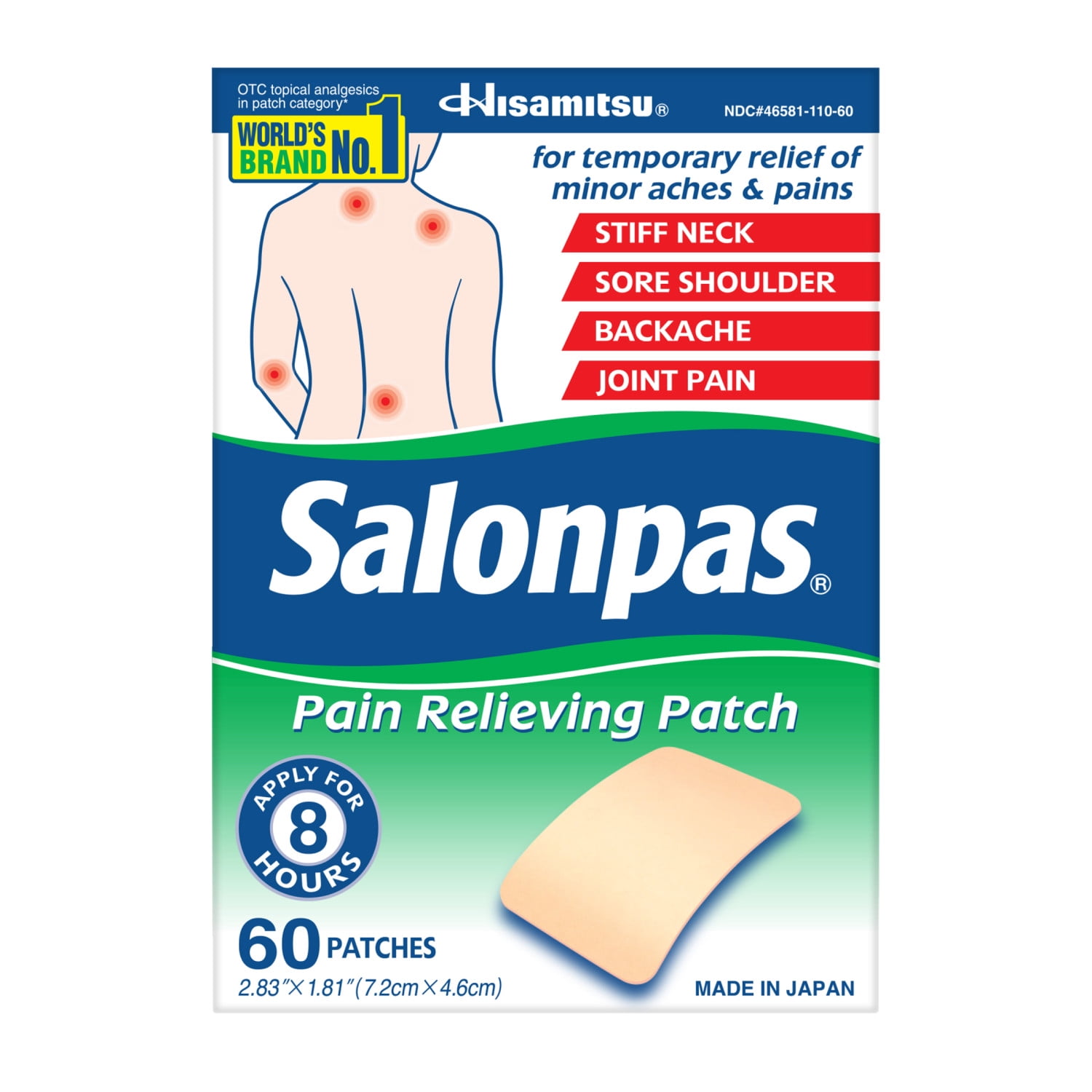 (2 pack) Salonpas 8 Hour Pain Relief Patch With Camphor 3.1% & Menthol 6% for Back & Muscles, 60 Count Pack