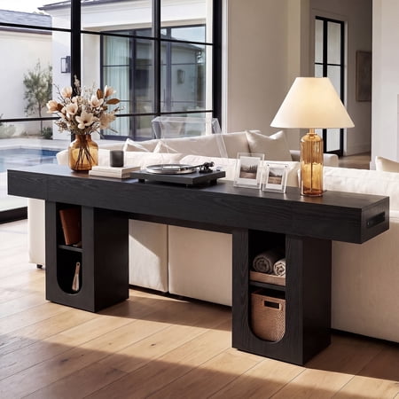 OMCHOM 78.4 Inch Console Table Wood Entryway Sofa Table with USB Charging Station, Narrow Behind Couch Design with Storage Shelves for Hallway Living Room Farmhouse Home Decor(Black)