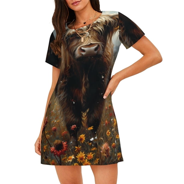Disketp Grassland Sunflower Cow para Camisón Corto de Manga Corta para Mujeres, Camisón Cómodo con Escote Redondo, Bonito y Confortable