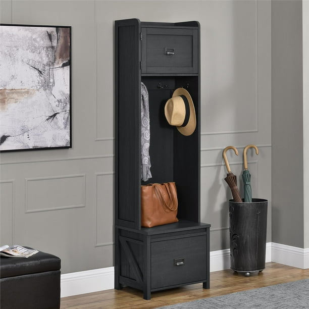 SystemBuild Farmington Entryway Hall Tree with Storage Bench, Black Oak