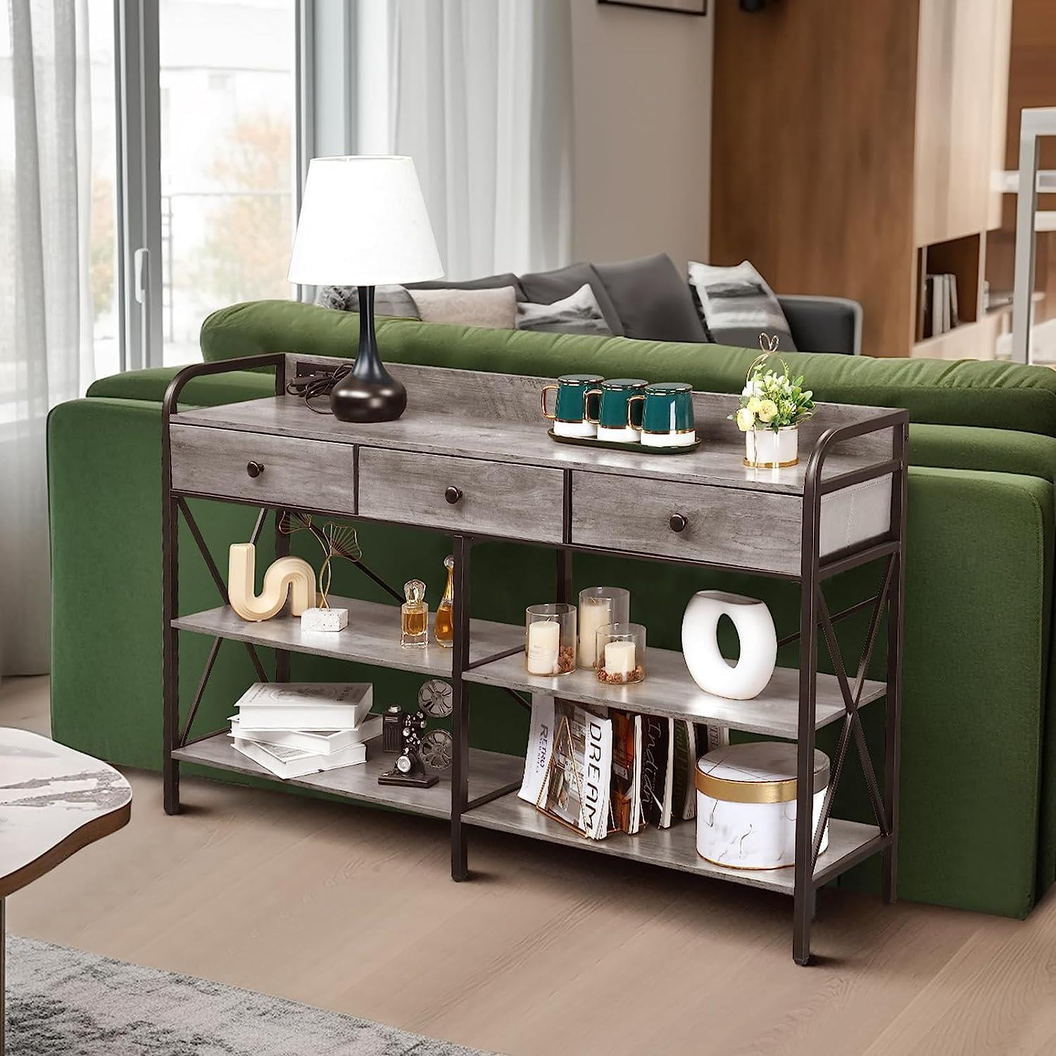 "Zimtown 55"" Industrial Console Table with Power Outlet and USB Ports, Gray, Suitable for Living"