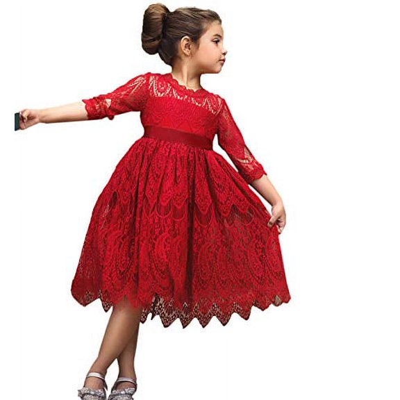 Styles I Love Princess 3/4 Sleeve Midi Length Floral Lace A-line Wedding Dress Flower Girl Pageant Party Clothes (Red, 140/6-7 Years)