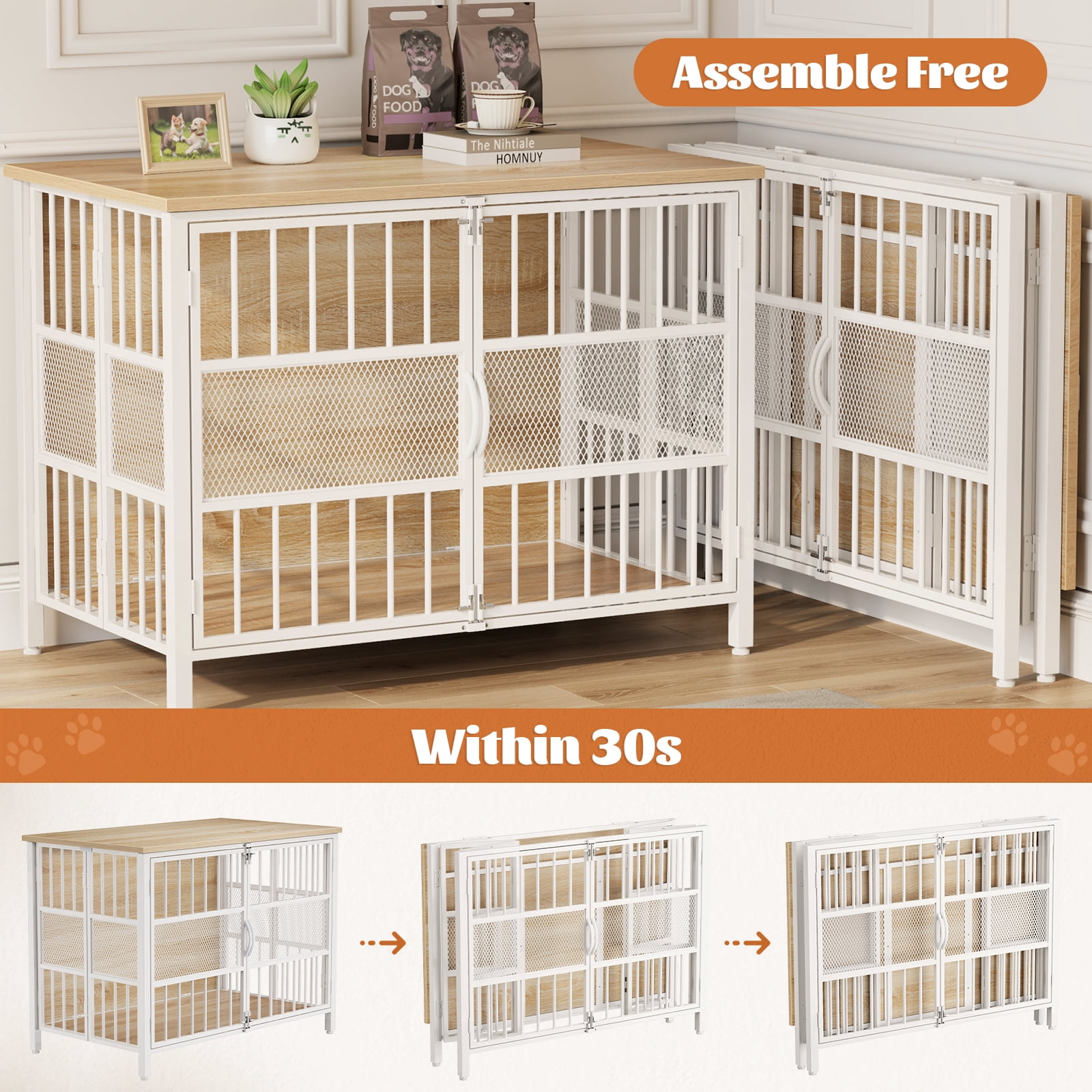 KINGTACK 41" Foldable Dog Crate Furniture, Heavy Duty Dog Cage for Medium Large Dogs, Chew Resistant Dog Kennel for Bedroom Living Room, White