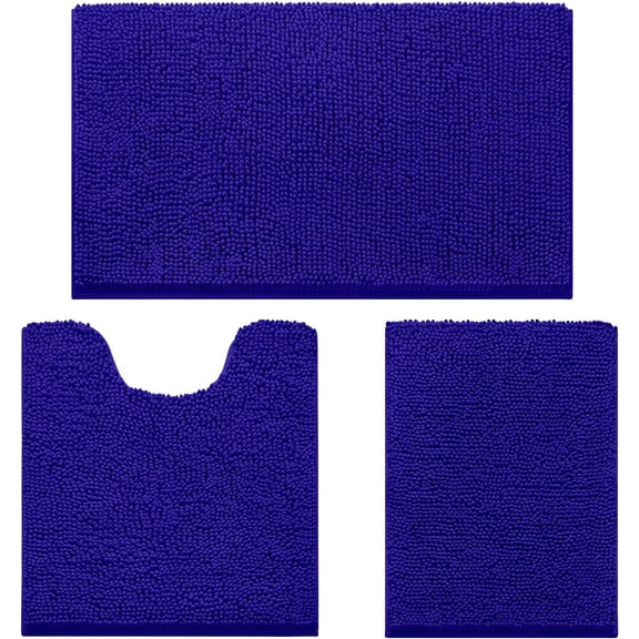 3 Pieces Bathroom Rugs, Ultra Soft Non Slip Absorbent Chenille Toilet Bath Mat Set (Royal Blue)