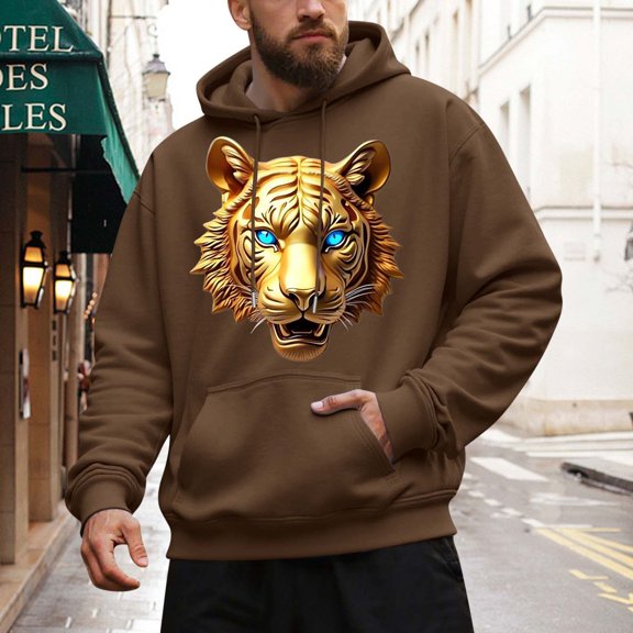 CONZONE Men's Hoodies Long Sleeve Pullover Hoodie for Men Tiger Graphic Hooded Sweatshirts With Pocket