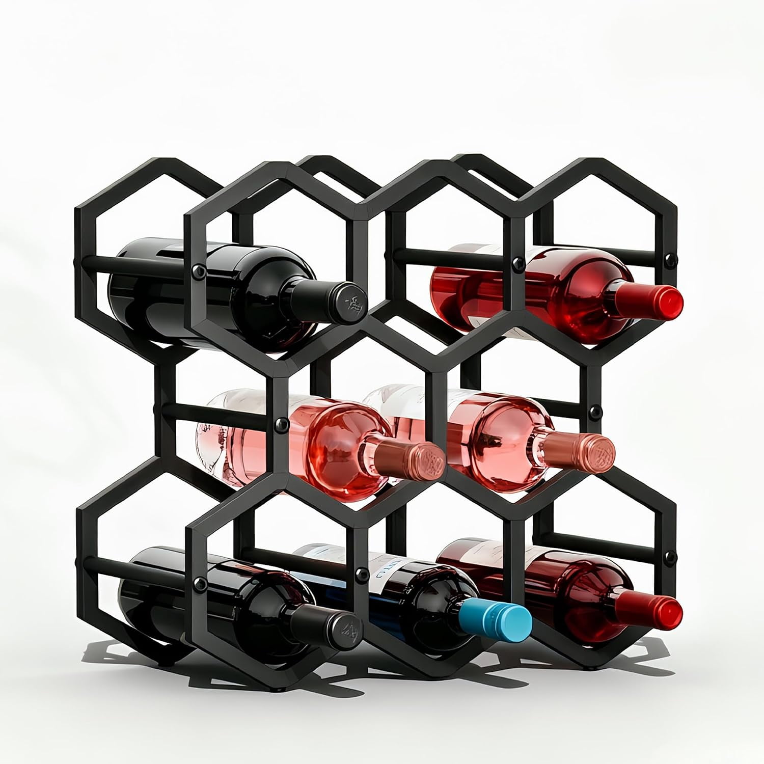 3-Tier Hexagon Metal Countertop Wine Rack 8 Bottles Tabletop Wine Bottle Holder Stand for Cabinet Pantry Indoor Outdoor Home Bar Storage Organizer