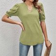 thumbnail image 3 of Women Casual V Neck Loose Puff Short-Sleeve T-Shirts Green M, 3 of 5