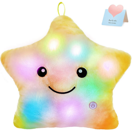 HFY 9'' LED Twinkle Star Soft Plush Pillow Toys Glowing Stuffed Star Light up Pillow Plush with Colorful Night Lights Birthday for Toddler Kids (Yellow)