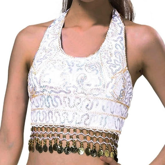 Women Summer Tops Women Sequin Crop Top Belly Dance Bra Top Talter Tank Sequin Tassel Boyfriend Tops Lace Bra Too Boxing for Chicken for Camp Compression Shirt White One Size