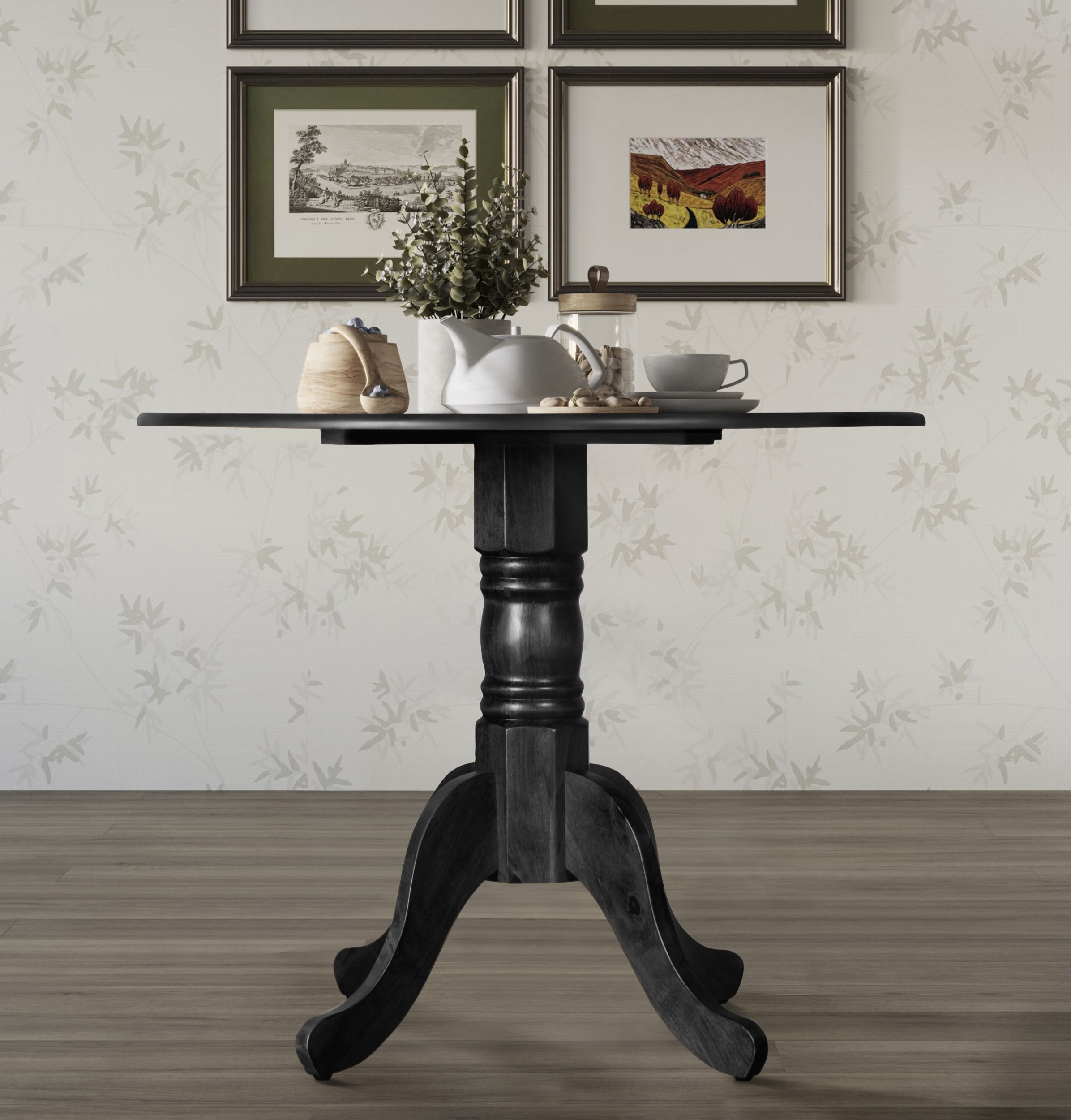 Home Design Olivia 5-Piece Dining Set, Round Table with 4 Cushioned Chairs, Mid-Century Modern Style, Black, Gray/Black