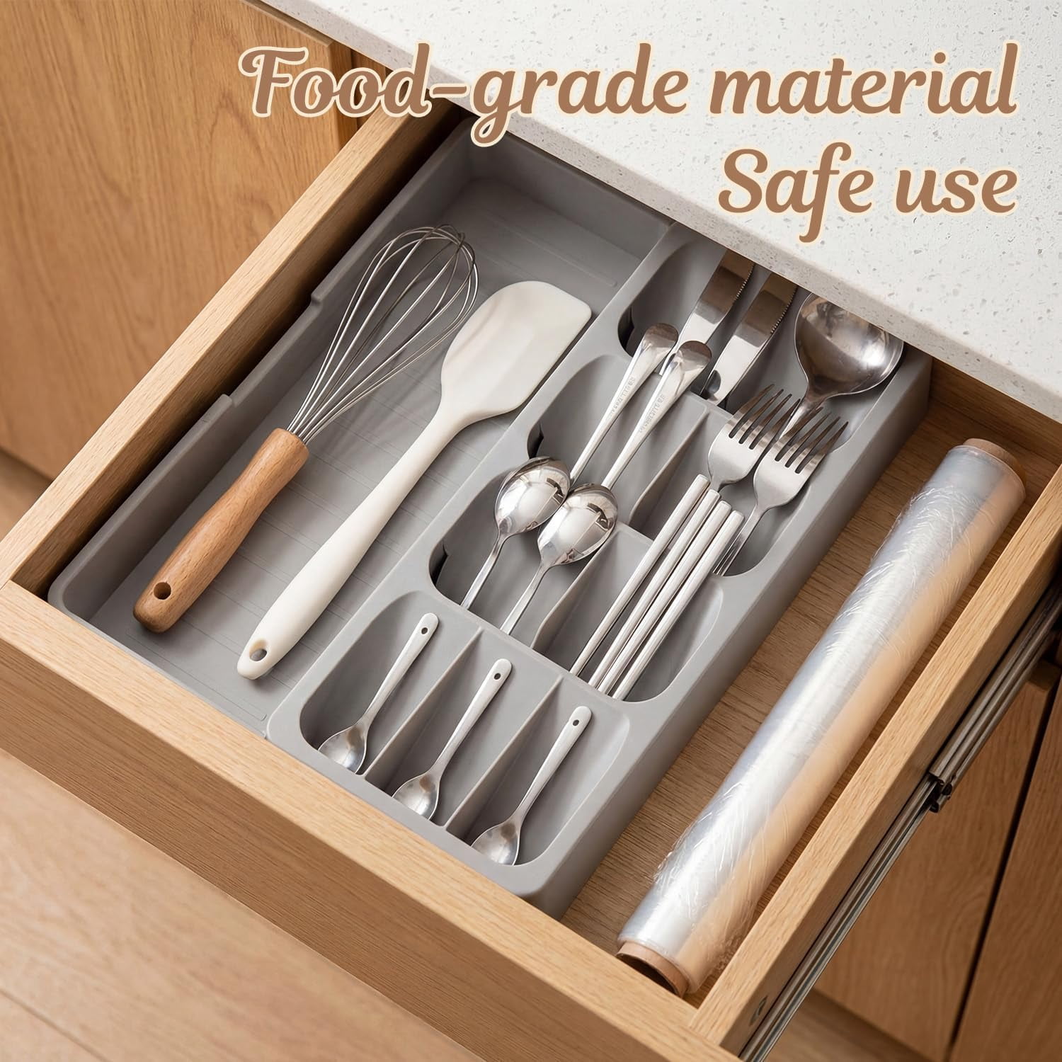mirlewaiy Expandable Silverware Drawer Organizer Tray, Adjustable Utensil Holder for Kitchen Drawers, BPA-Free Plastic Cutlery and Flatware Storage Divider
