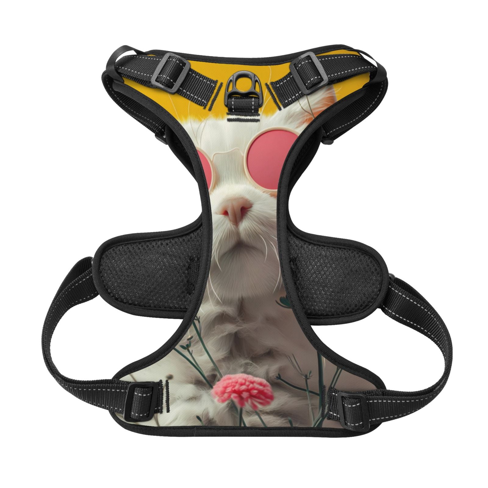 Picia Floral Sunglasses Cat Art No-Pull Dog Harness Reflective Front Clip Vest with Handle,Step-in Air Dog Harness,Adjustable 2 Metal Rings 4 Buckles,Easy to Put on & Take Off Large