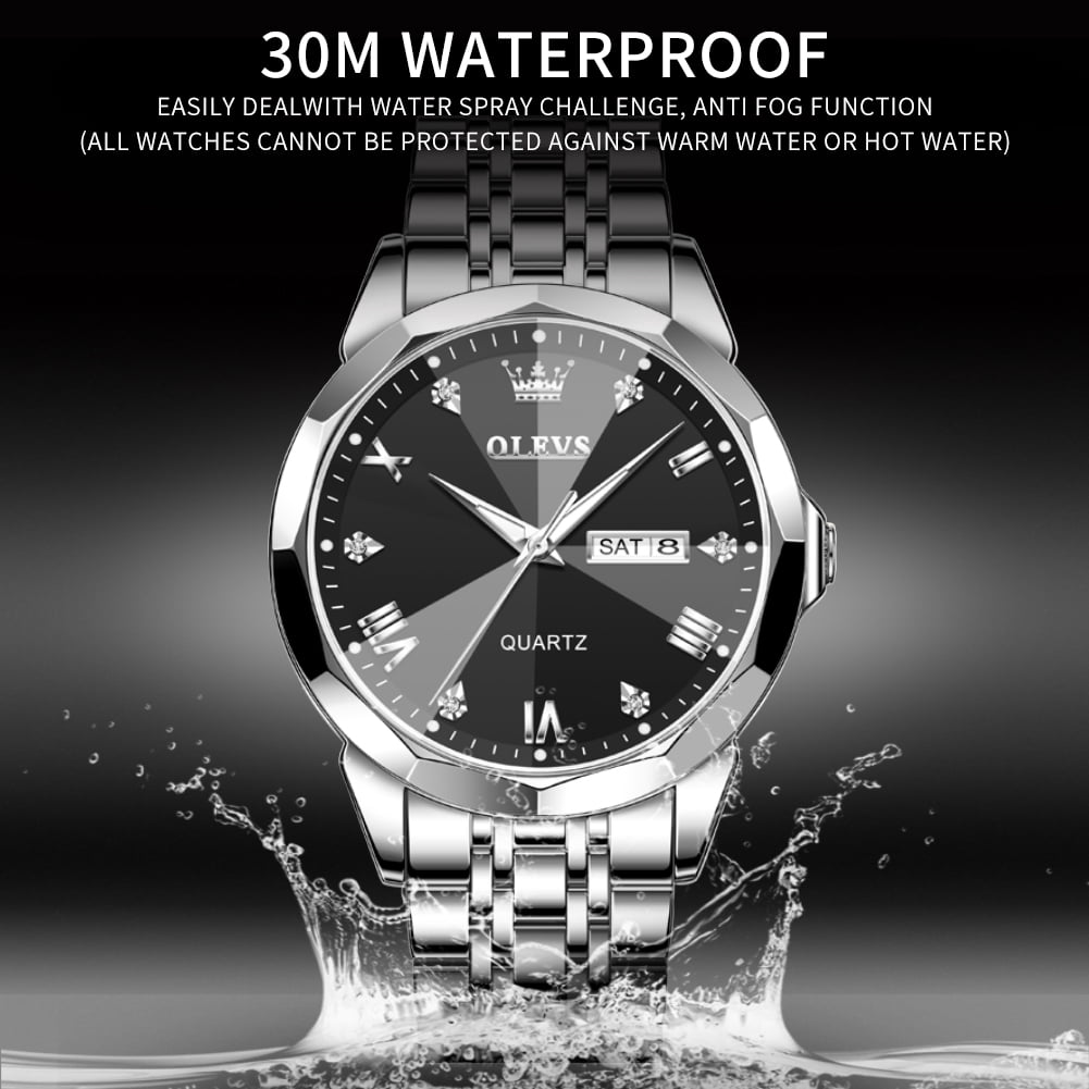 OLEVS Watches for men Diamond Business Dress Luxury Casual Analog Quartz Stainless Steel Waterproof Luminous Date Men Wrist Watches reloj para hombre Black Dial