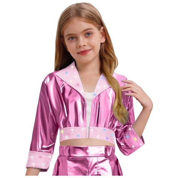 Hansber Kids Girls Shiny Metallic Long Sleeve Jacket Hip Hop Jazz Dance Crop Top Rave Party Festival Coat Outerwear Pink 8