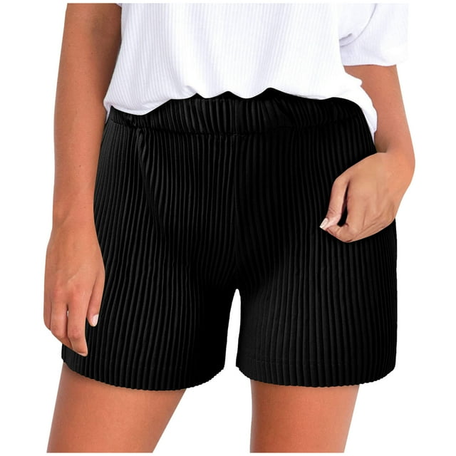 Pleated Shorts Womens Fashion Summer Ribbed Elastic Waist Casual Short Pants Loose Fit Solid Color Home Pants (Medium, Black)