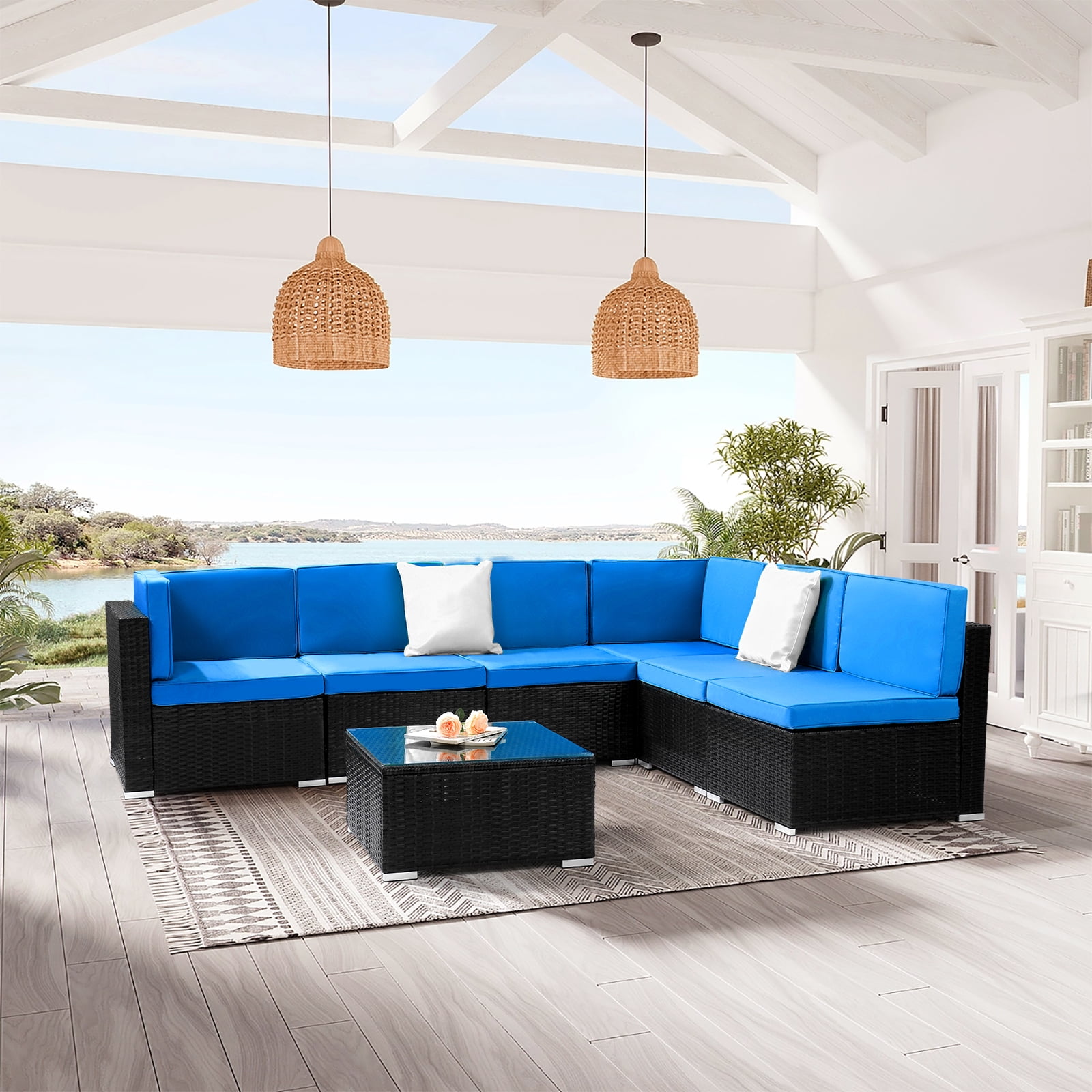 Ktaxon 7pc Outdoor Patio Sectional Sofa Set, Rattan Wicker Furniture All-Weather - Black & Blue