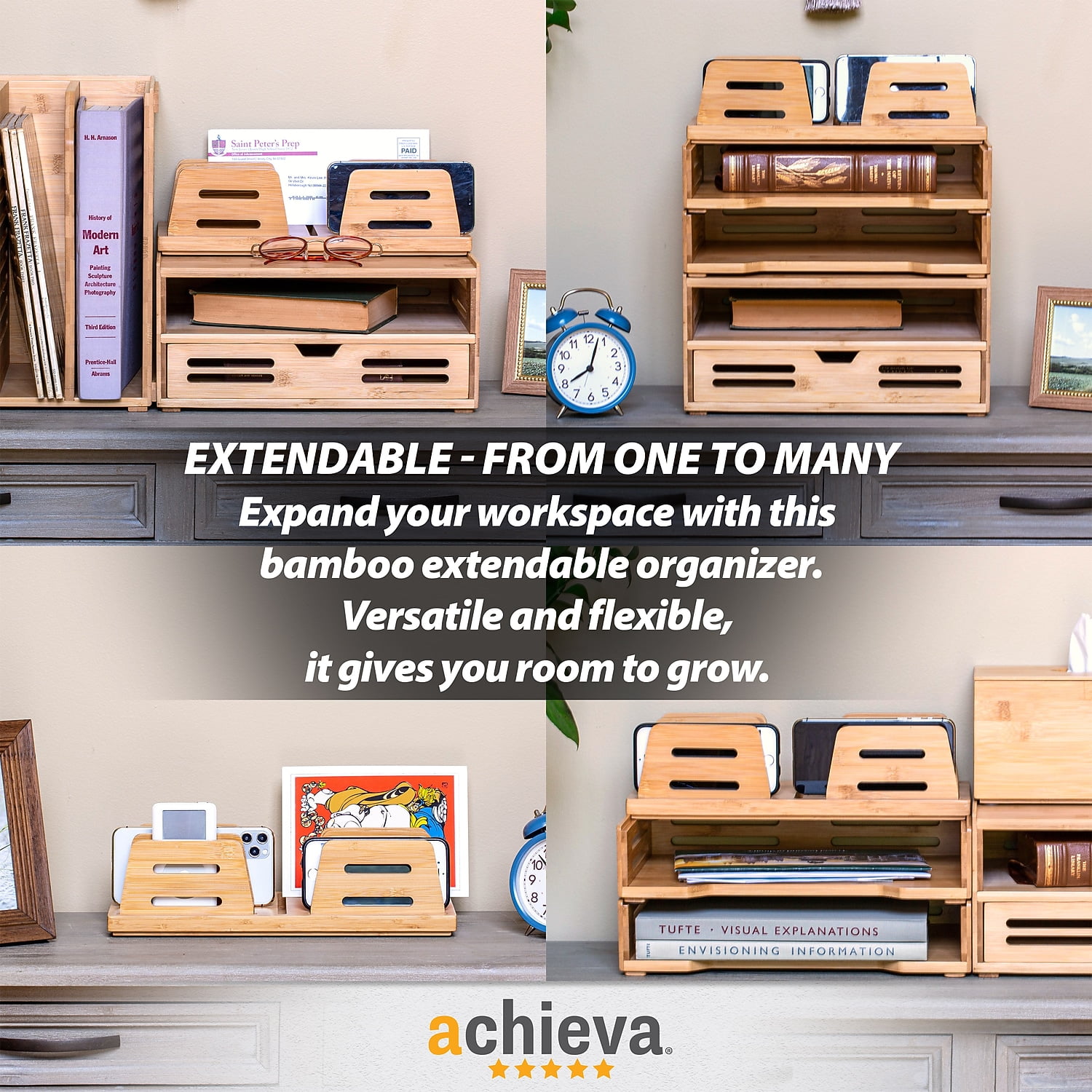 Officemate Bamboo Desk Accessories 9-Compartment Stackable Wood Desk Organizer  Natural Wood Grain
