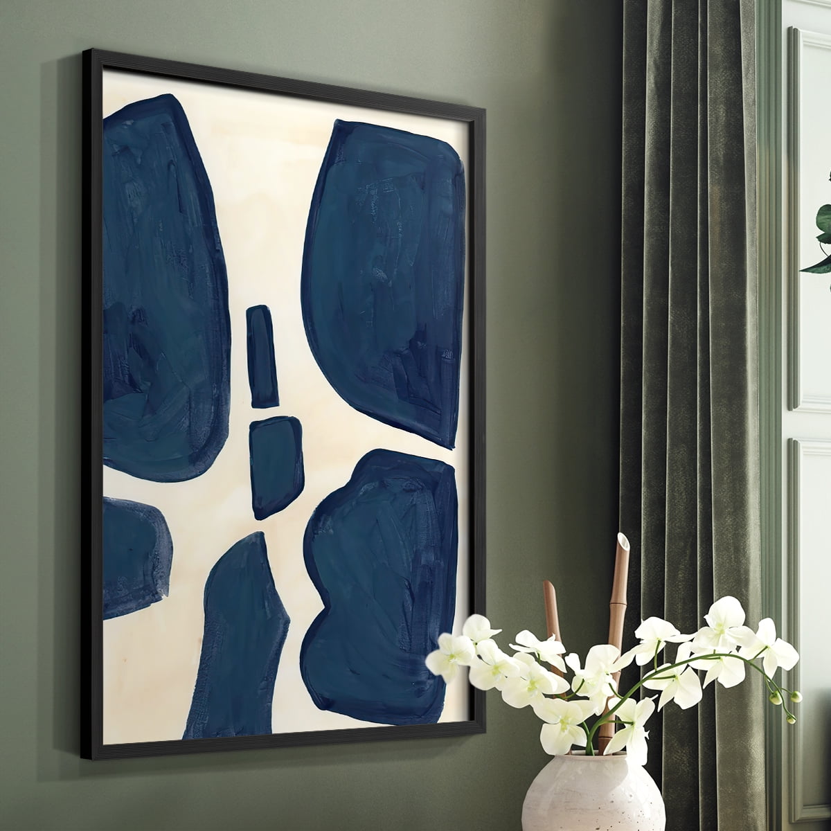 Blue Pieces II Framed Print in Black Solid Wood Framed Print No Nail Hanging