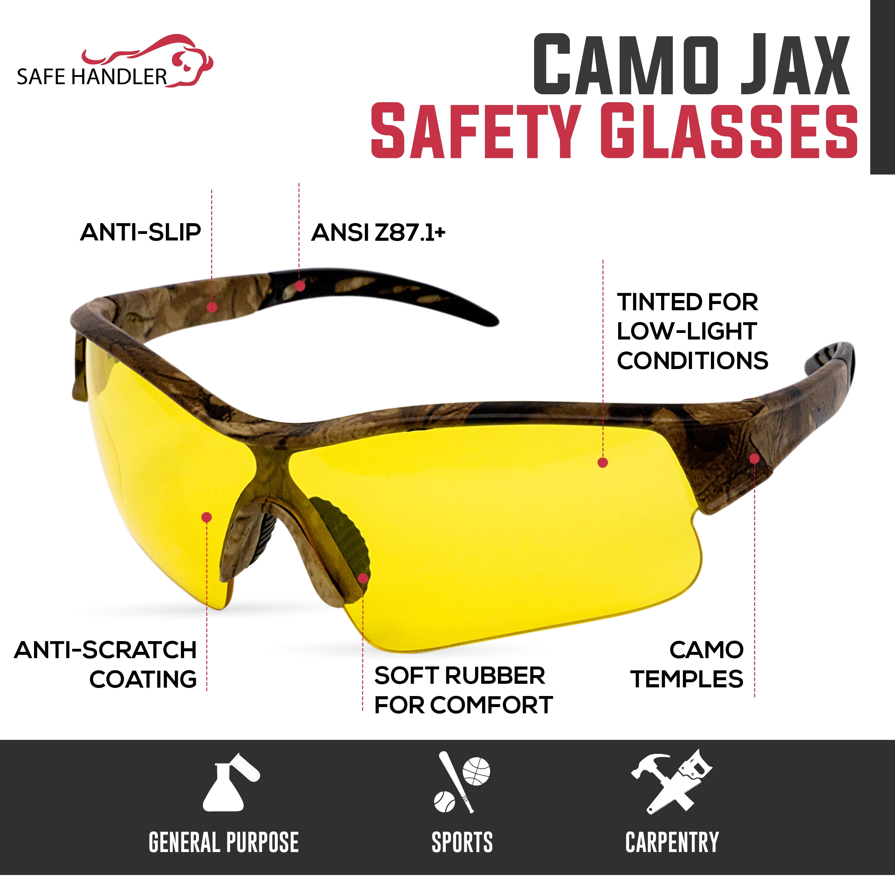 Safe Handler Camo Jax Safety Glasses For Men/Women, Anti-Scratch, Amber (Pack of 1)